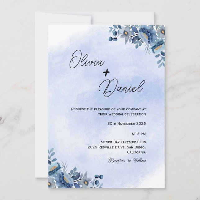 Classic Blue Floral Wedding Invitation (Front)