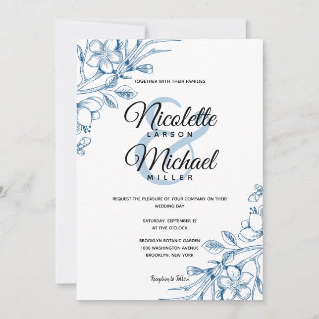 Classic Blue Floral Wedding Invitation (Front)