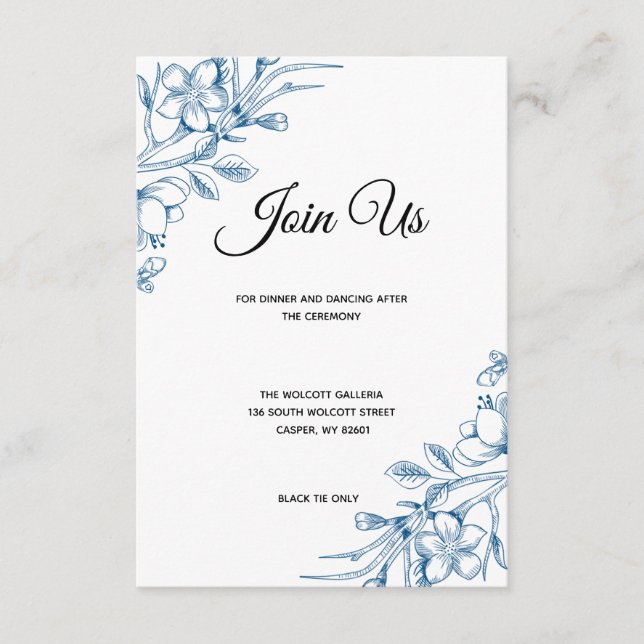 Classic Blue Floral Wedding Reception Card (Front)