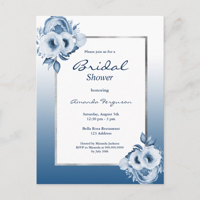 Classic blue floral white bridal shower invitation postcard (Front)