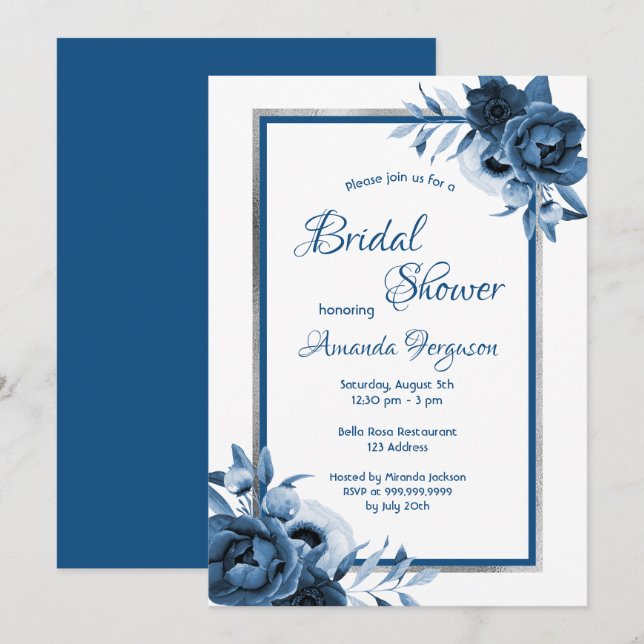 Classic blue florals white silver Bridal Shower Invitation (Front/Back)