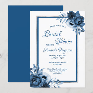 Classic blue florals white silver Bridal Shower Invitation