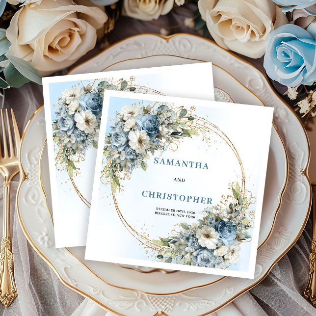 Classic Blue Flowers Gold Frame Wedding Napkins (Classic Blue Flowers Gold Frame Wedding Napkins)