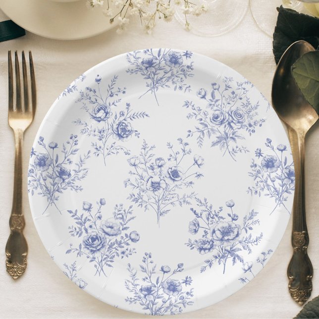 Classic Blue Flowers Pattern French blue toile Paper Plate (In situ)