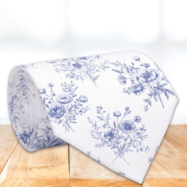 Classic Blue Flowers Pattern French blue toile Tie (Close up)