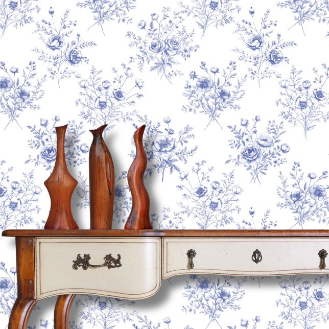 Classic Blue Flowers Pattern French blue toile  Wallpaper (In situ)