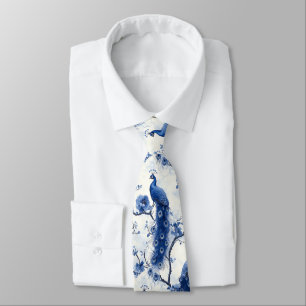 Classic Blue French Chinoiserie Peacock Watercolor Tie