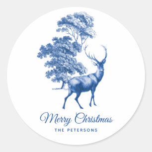 Classic Blue French Toile Deer in Forest  Round Sticker