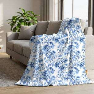 Classic Blue French Toile Roses Floral Blanket