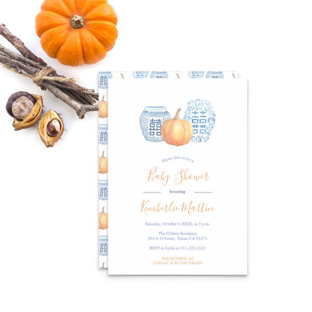 Classic Blue Ginger Jars Pumpkin Baby Shower Party Invitation (Ginger Jars With Orange Pumpkin And Text Baby Shower Party Invitation)