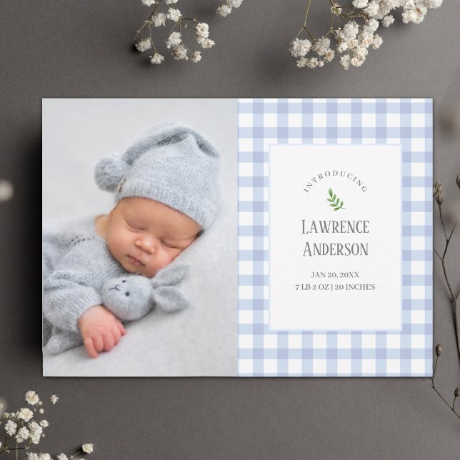Classic Blue Gingham Baby Boy 2 Photo Birth Announcement (Creator Uploaded)