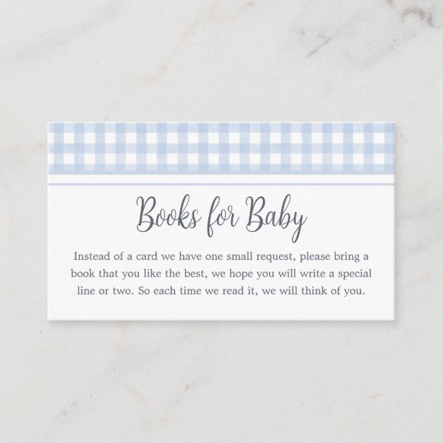 Classic Blue Gingham Baby Shower Books for Baby Enclosure Card (Front)