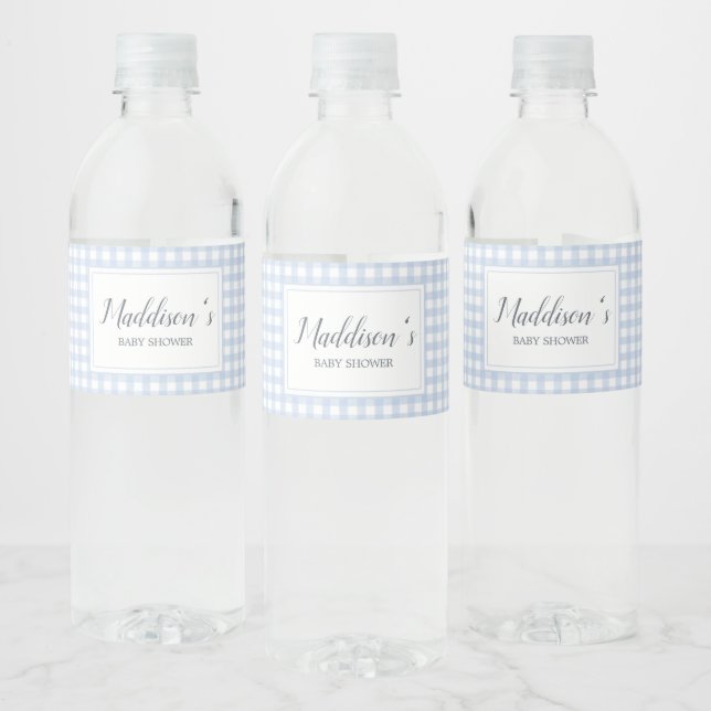 Classic Blue Gingham Baby Shower  Water Bottle Label (Bottles)