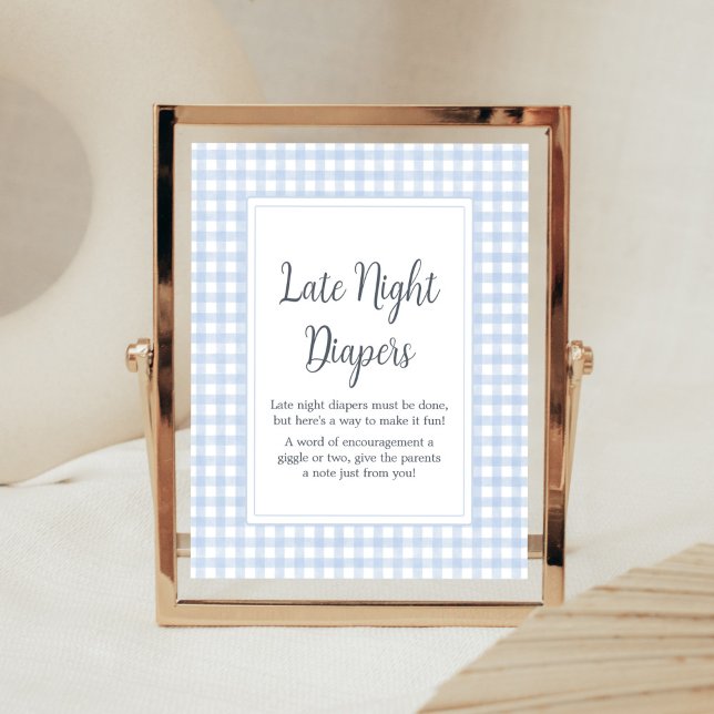 Classic Blue Gingham Late Night Diapers Poster (Boy Gingham Baby Shower Late Night Diapers Sign)