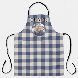 Classic Blue Gingham Plaid Custom Name & Photo Apron
