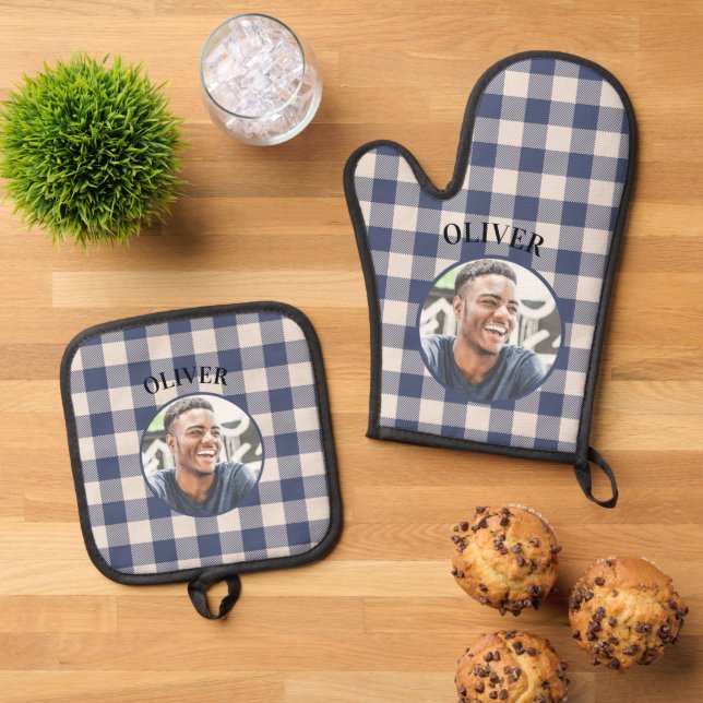 Classic Blue Gingham Plaid Custom Name & Photo Oven Mitt & Pot Holder Set (Top Down)
