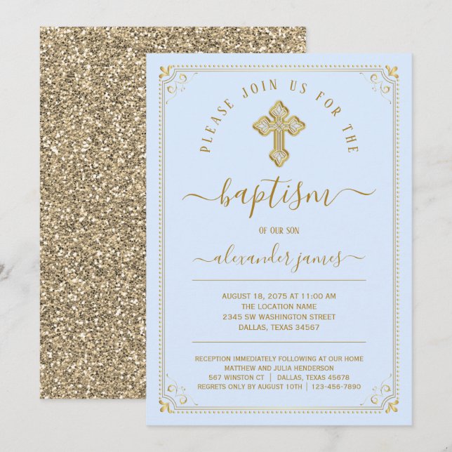 Classic Blue Gold Boy Baptism Invitation (Front/Back)