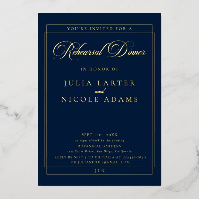 Classic Blue Gold Calligraphy Rehearsal Dinner (Front)