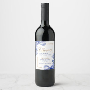 Classic Blue Gold Floral Chinoiserie Wedding Wine  Wine Label