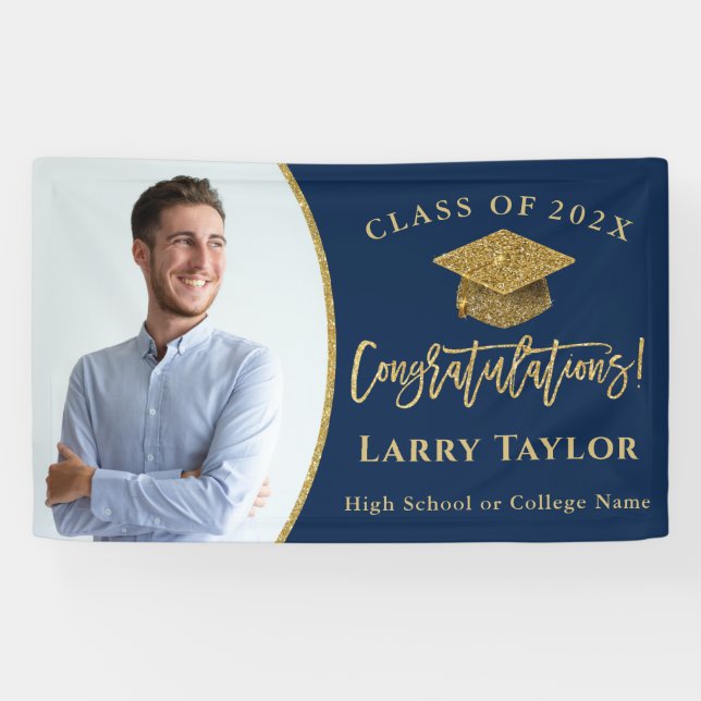 Classic Blue Gold Graduate Photo Graduation Party Banner (Horizontal)