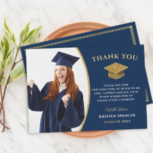 Classic Blue Gold Graduate Photo Graduation Thank You Card