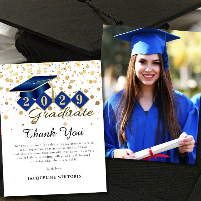 Classic Blue Gold Graduation Photo Thank You Card (Classic Blue Gold Graduation Photo Thank You Card)