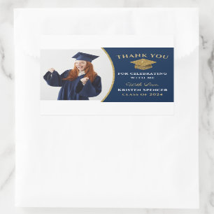 Classic Blue Gold Photo Graduation Thank You Rectangular Sticker