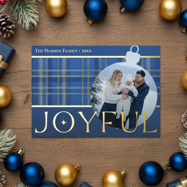 Classic Blue Gold Plaid Joyful Bulb Photo Foil Holiday Card (Creator Uploaded)