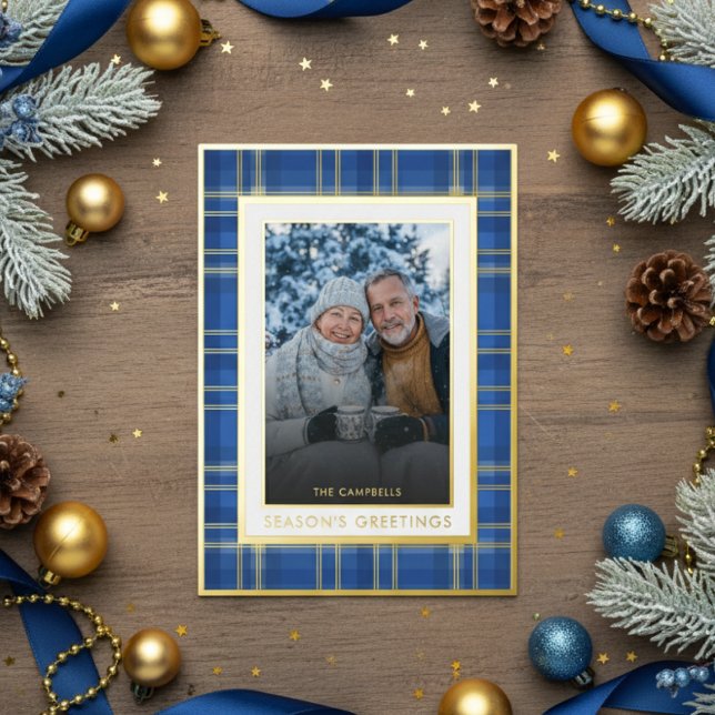 Classic Blue Gold Plaid Season's Greetings Photo Foil Holiday Card (Creator Uploaded)