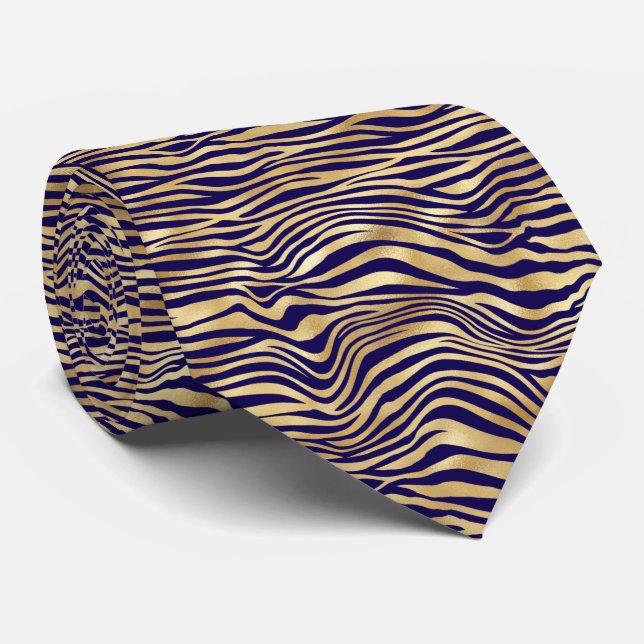 Classic Blue Gold Tiger Print Illustration Tie (Rolled)
