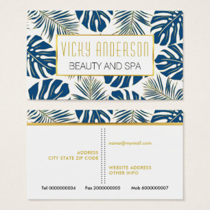 Classic blue, gold tropical leaves business cards