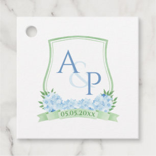 Classic Blue Green Watercolor Floral Wedding Crest Favour Tags