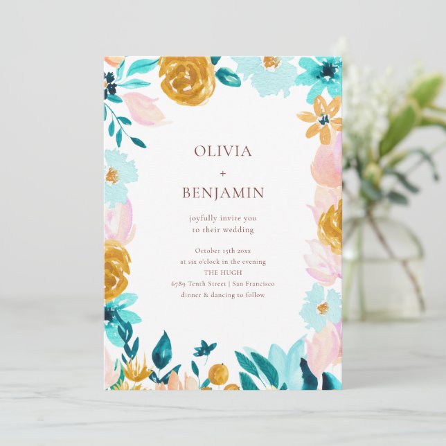 Classic Blue Green Watercolor Floral Wedding Invitation (Standing Front)