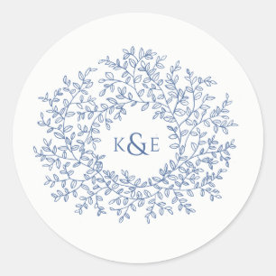 Classic blue hand drawn leaf monogram art wedding classic round sticker