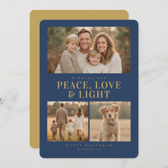 Classic Blue Hanukkah Peace & Light Photo Collage Holiday Card (Front/Back)