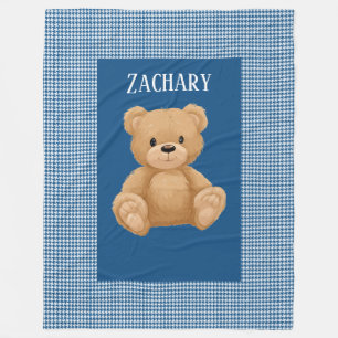 Classic Blue Houndstooth, Teddy Bear, Fleece Blanket