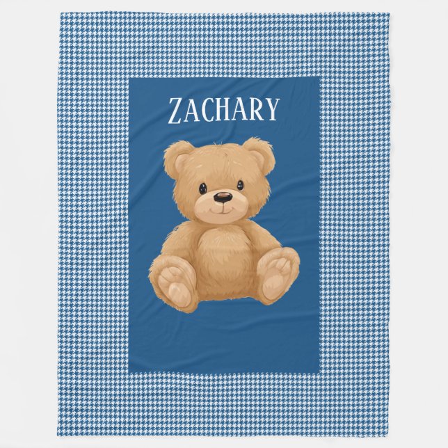 Classic Blue Houndstooth, Teddy Bear, Fleece Blanket (Front)