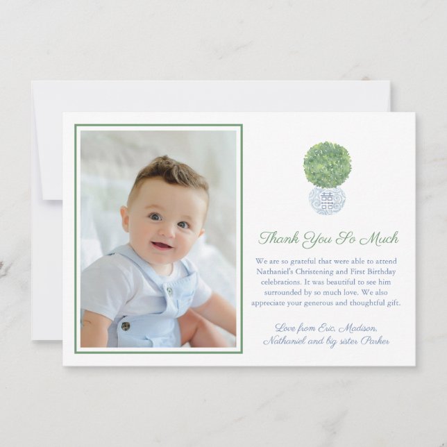 Classic Blue Hunter Green Greek Key Family Photo Thank You Card (Front)