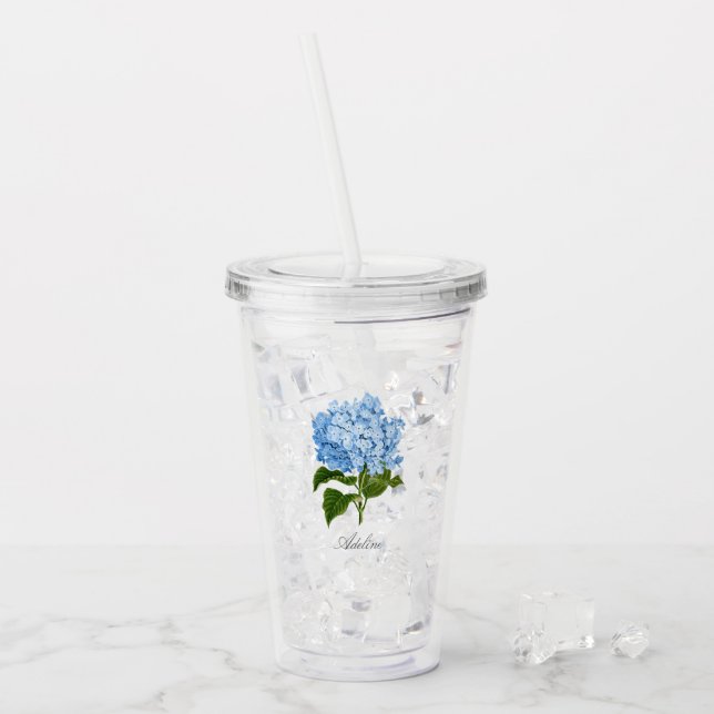 Classic Blue Hydrangea Flower with Name Acrylic Tumbler (Front Ice)