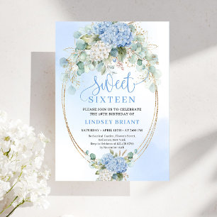Classic Blue Hydrangea Gold Floral Sweet Sixteen Invitation