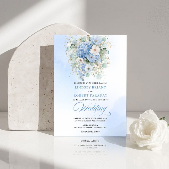 Classic Blue Hydrangea Gold Floral Wedding Invite (Classic Blue Hydrangea Gold Floral Wedding Invite)