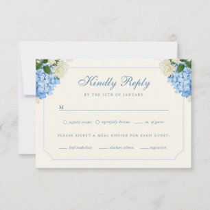 Classic Blue Hydrangea + White Rose Wedding RSVP Card