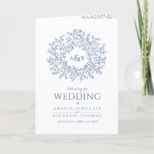 Classic blue leaf monogram art wedding program programme