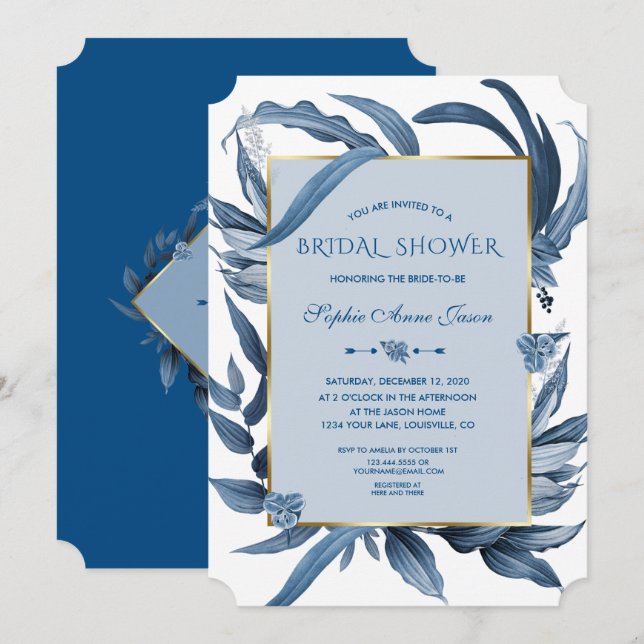 Classic Blue Leaves Gold Monogram Bridal Shower Invitation (Front/Back)