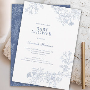 Classic Blue Line Drawn Floral Baby Shower Invitation