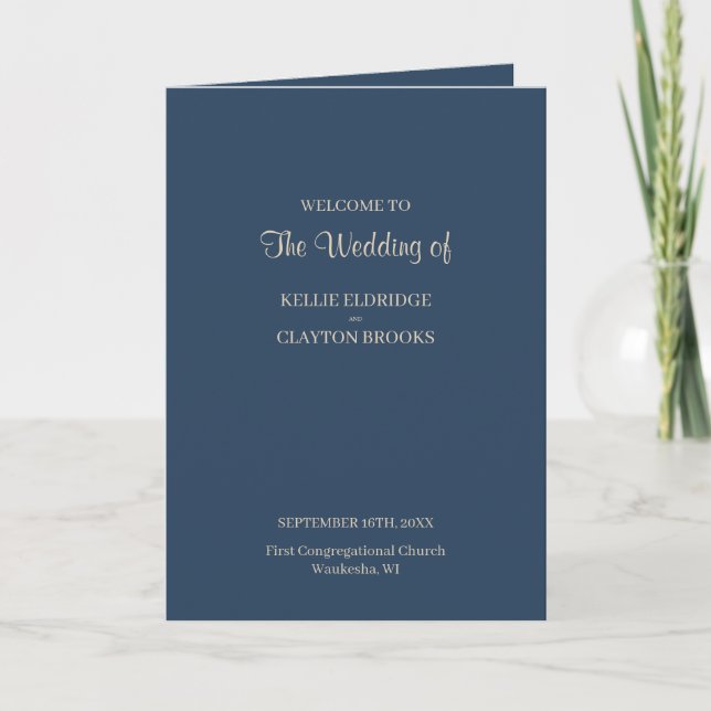 Classic Blue Modern Minimalist Wedding Program Programme (Front)