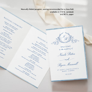 Classic, Blue Monogram Folded Ceremony Program
