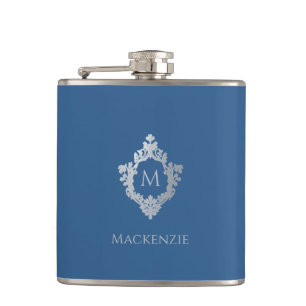 Classic Blue Monogram Name Vintage Crest Initial Hip Flask