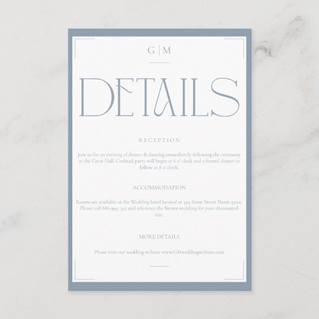 Classic Blue Monogrammed Wedding Information Card (Front)