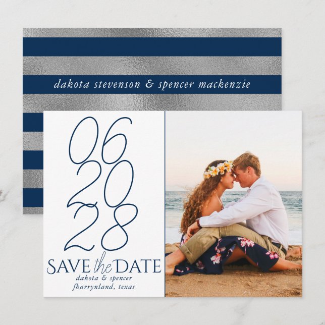 Classic Blue | Navy and White Casual Script Photo Save The Date (Front/Back)